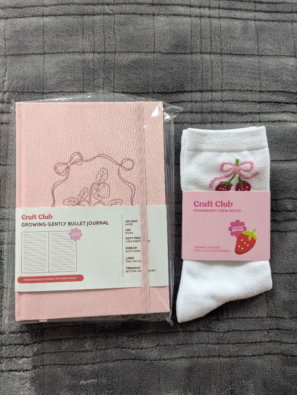 Craft Club Growing Gently Pink Strawberry Bullet Journal And Women's Crew Socks